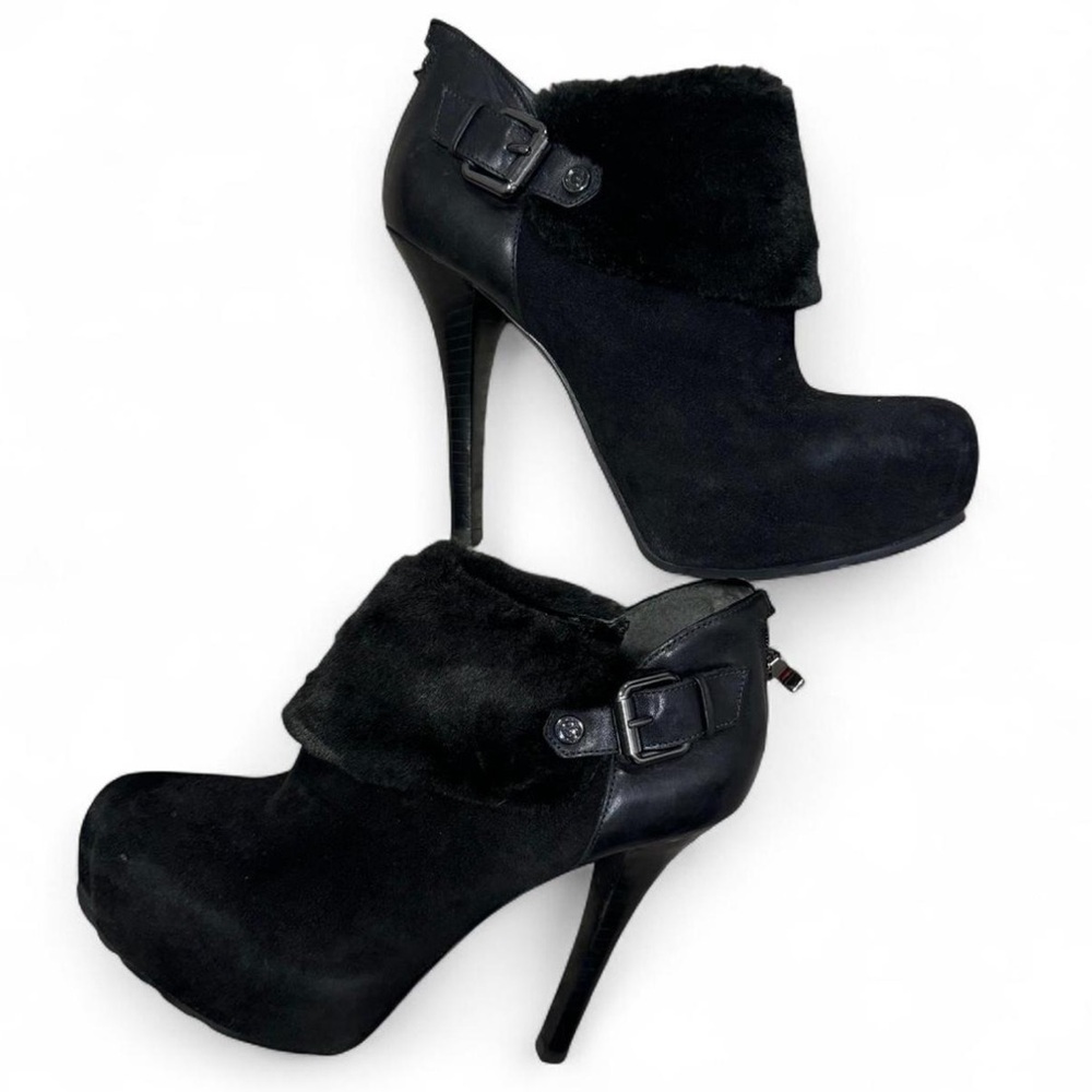 Guess Fur Trim Black High Heel Ankle Boots